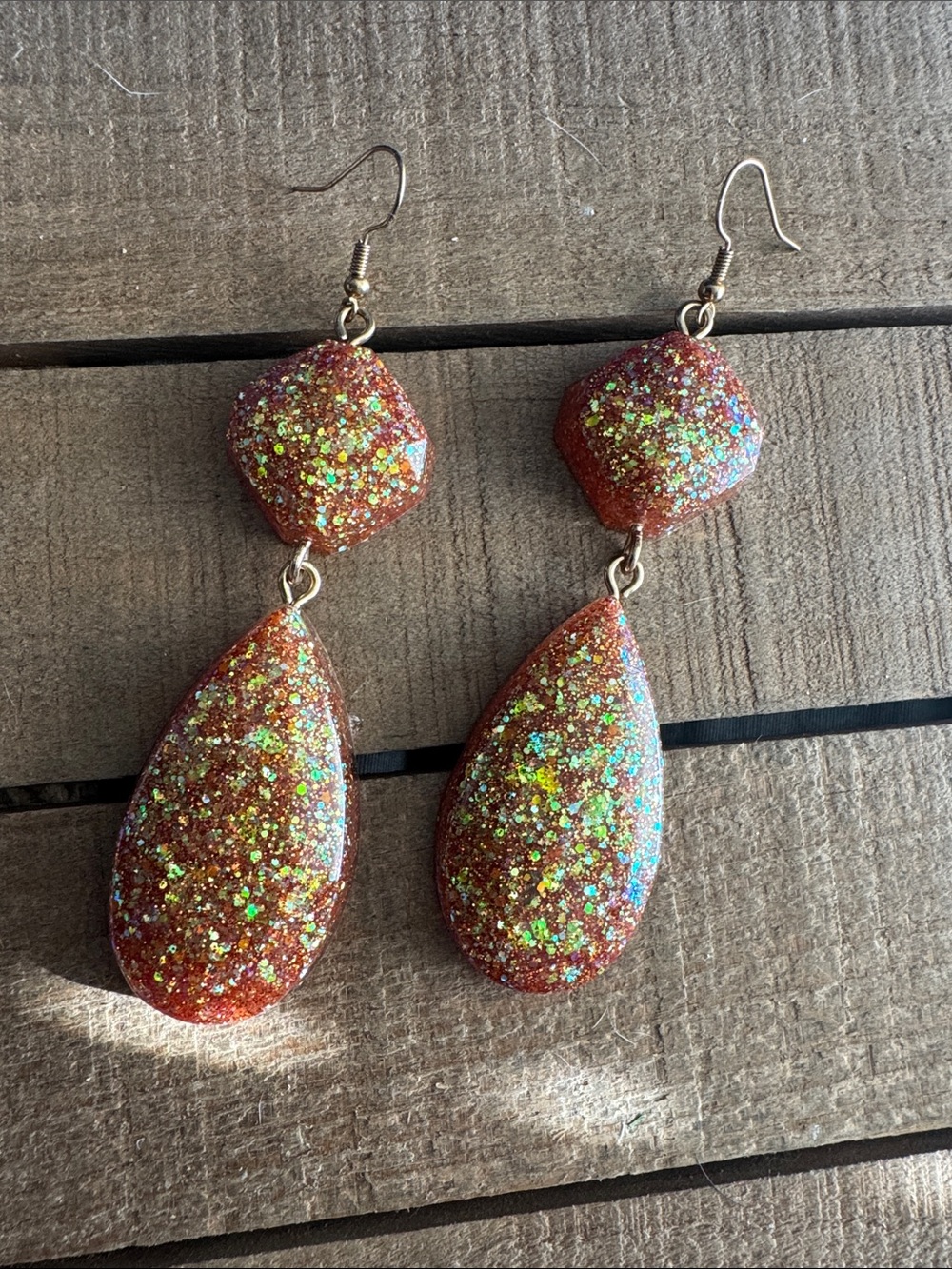 Handmade Glitter Teardrop Dangle Earrings - Orange iridescent Sparkle